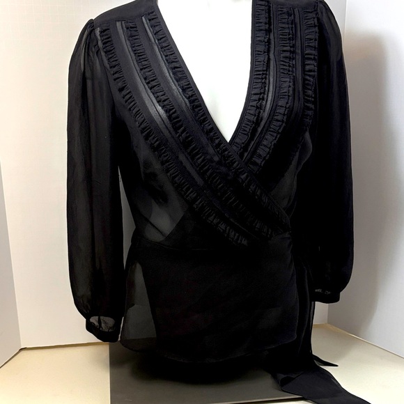 BCBGMaxAzria Black Sheer Wrap Blouse, Size Small - Picture 1 of 10